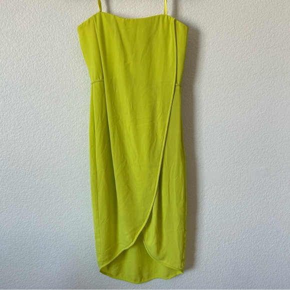 BCBGMaxAzria Neon Green, Yellow Strapless Asymmetrical Wrap Formal Midi Dress - Picture 2 of 11